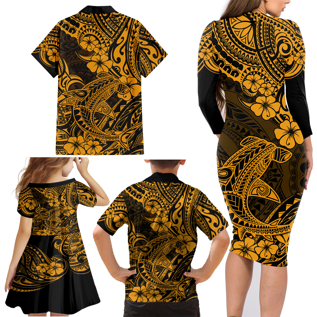 Hawaii Shark Family Matching Long Sleeve Bodycon Dress and Hawaiian Shirt Polynesian Pattern Gold Version - Wonder Print Shop