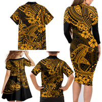 Hawaii Shark Family Matching Long Sleeve Bodycon Dress and Hawaiian Shirt Polynesian Pattern Gold Version - Wonder Print Shop