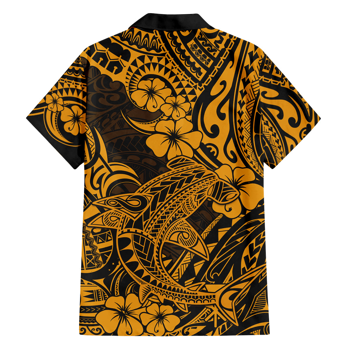 Hawaii Shark Family Matching Long Sleeve Bodycon Dress and Hawaiian Shirt Polynesian Pattern Gold Version - Wonder Print Shop