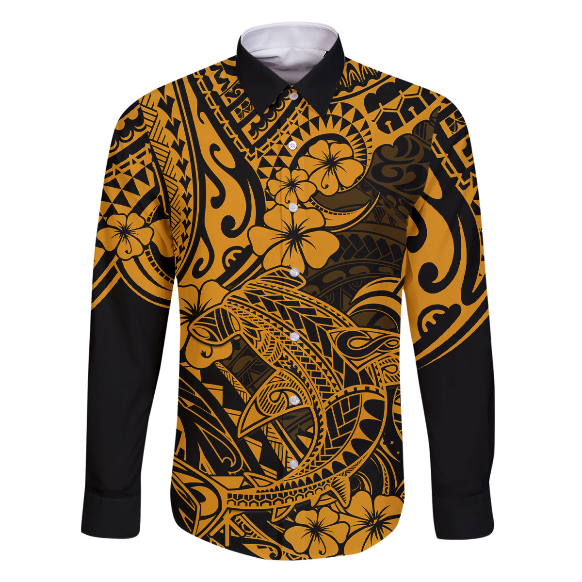 Hawaii Shark Family Matching Long Sleeve Bodycon Dress and Hawaiian Shirt Polynesian Pattern Gold Version - Wonder Print Shop
