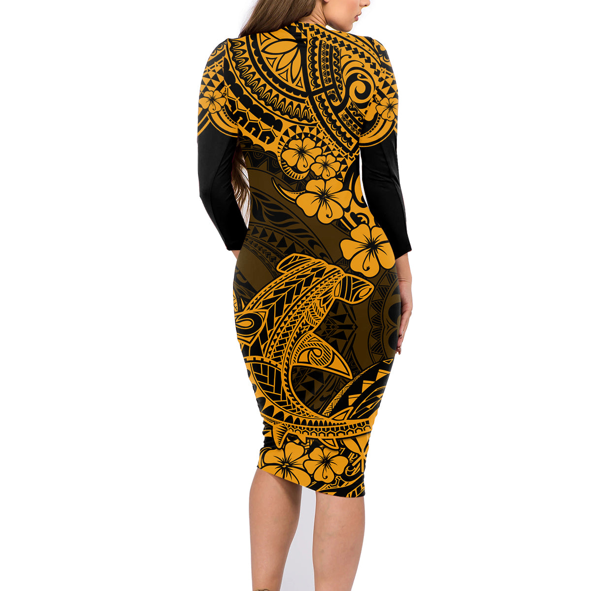 Hawaii Shark Family Matching Long Sleeve Bodycon Dress and Hawaiian Shirt Polynesian Pattern Gold Version - Wonder Print Shop