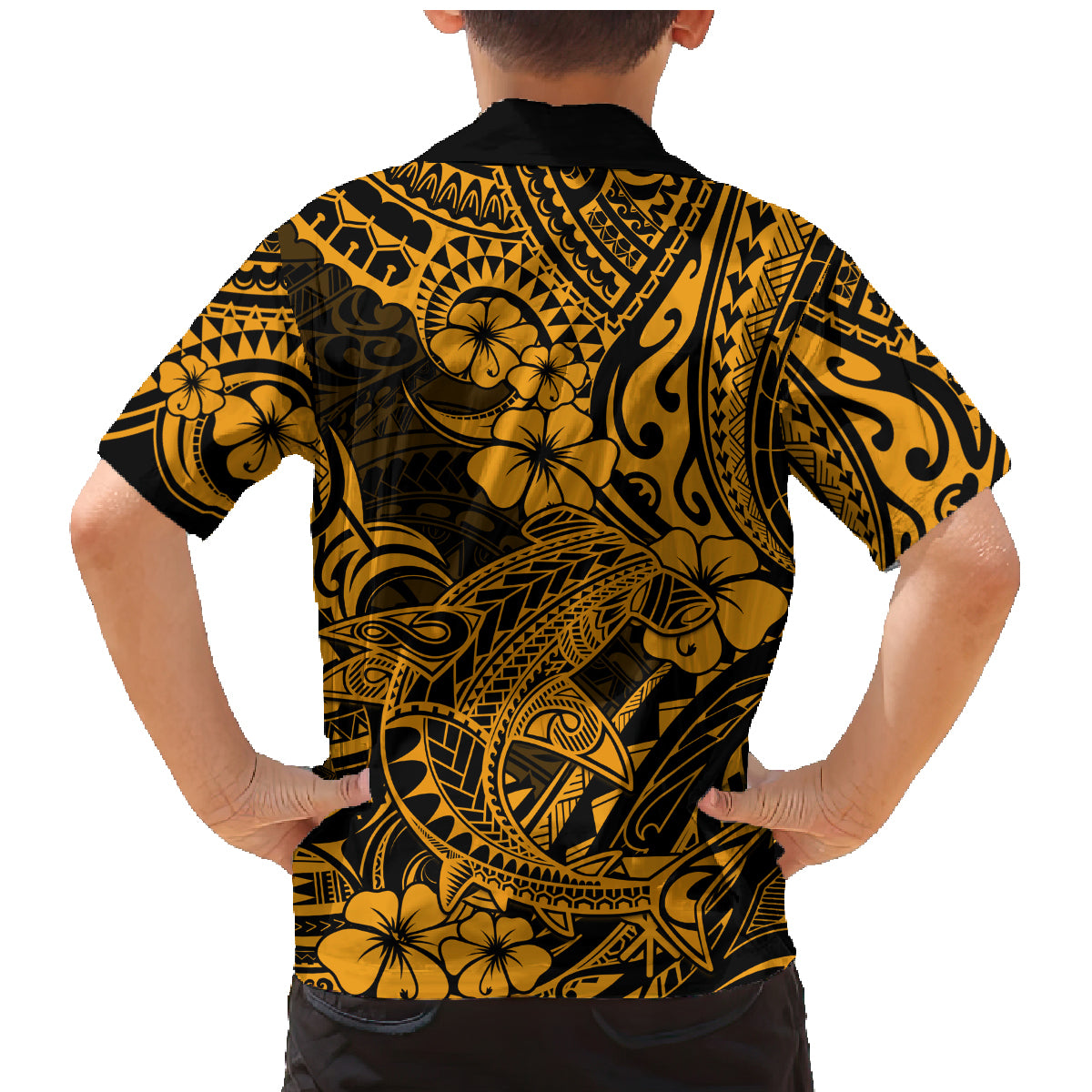Hawaii Shark Family Matching Mermaid Dress and Hawaiian Shirt Polynesian Pattern Gold Version - Wonder Print Shop