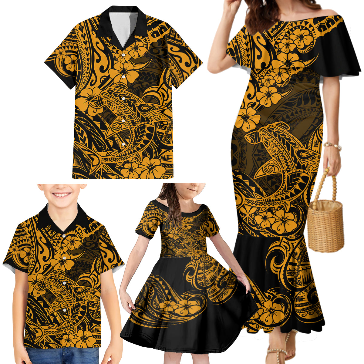 Hawaii Shark Family Matching Mermaid Dress and Hawaiian Shirt Polynesian Pattern Gold Version - Wonder Print Shop