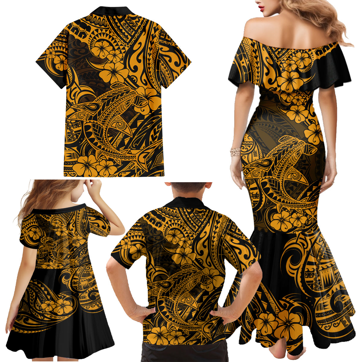 Hawaii Shark Family Matching Mermaid Dress and Hawaiian Shirt Polynesian Pattern Gold Version - Wonder Print Shop
