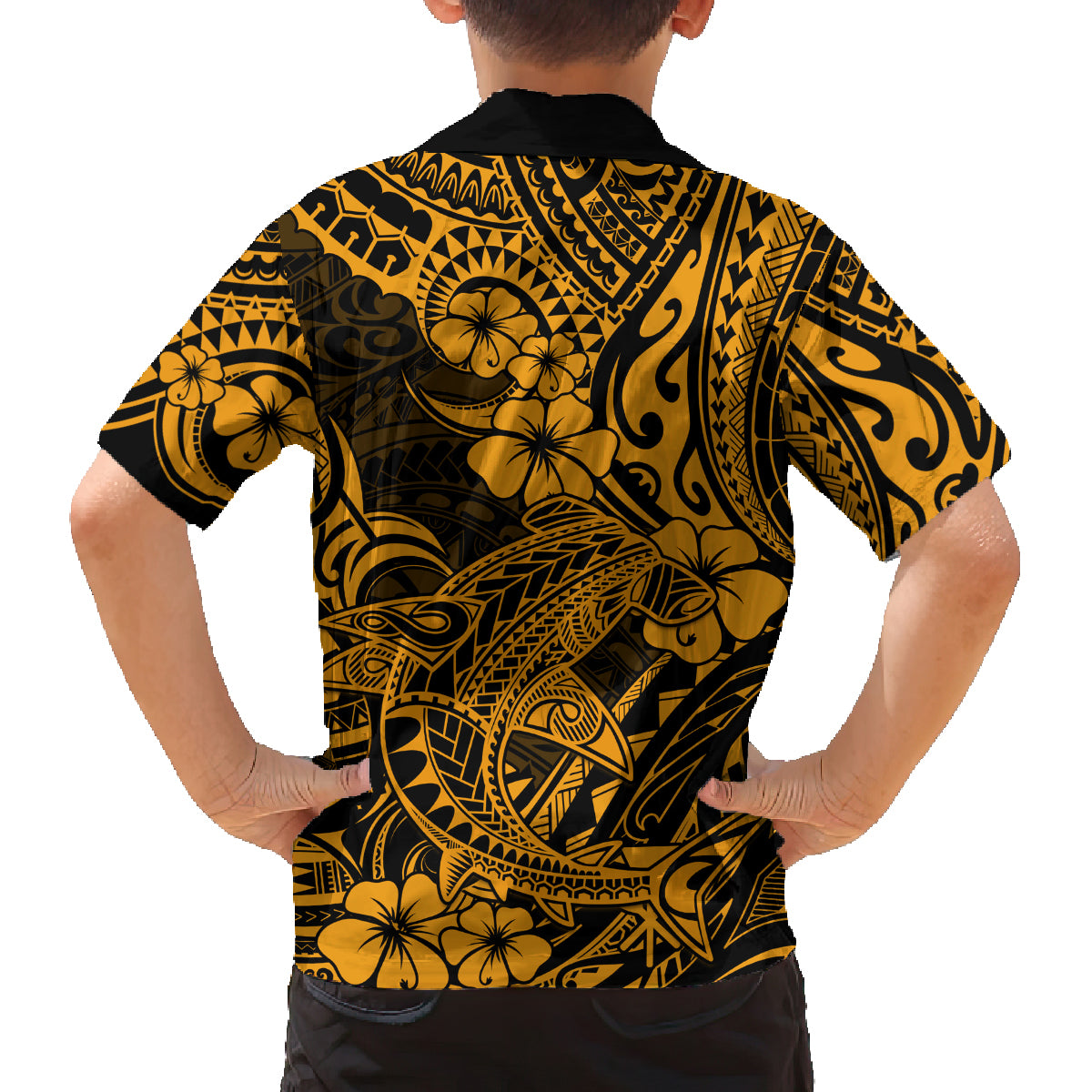 Hawaii Shark Family Matching Off Shoulder Long Sleeve Dress and Hawaiian Shirt Polynesian Pattern Gold Version - Wonder Print Shop