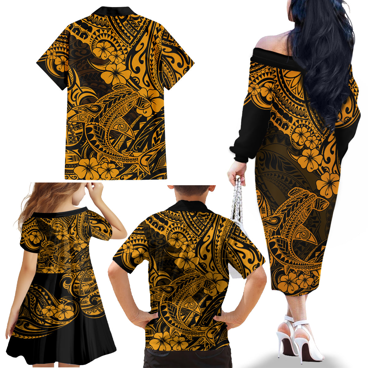 Hawaii Shark Family Matching Off Shoulder Long Sleeve Dress and Hawaiian Shirt Polynesian Pattern Gold Version - Wonder Print Shop