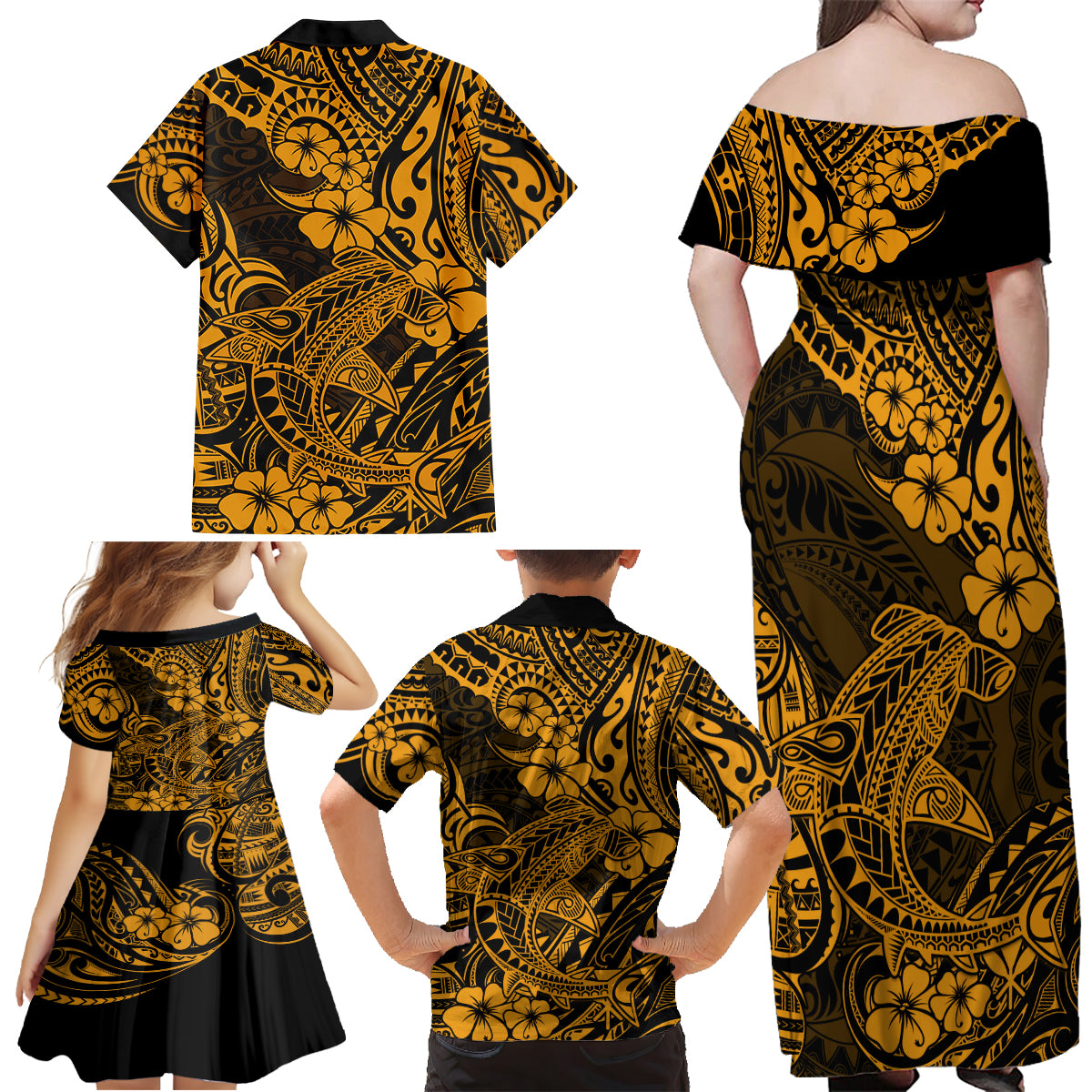 Hawaii Shark Family Matching Off Shoulder Maxi Dress and Hawaiian Shirt Polynesian Pattern Gold Version - Wonder Print Shop
