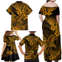 Hawaii Shark Family Matching Off Shoulder Maxi Dress and Hawaiian Shirt Polynesian Pattern Gold Version - Wonder Print Shop