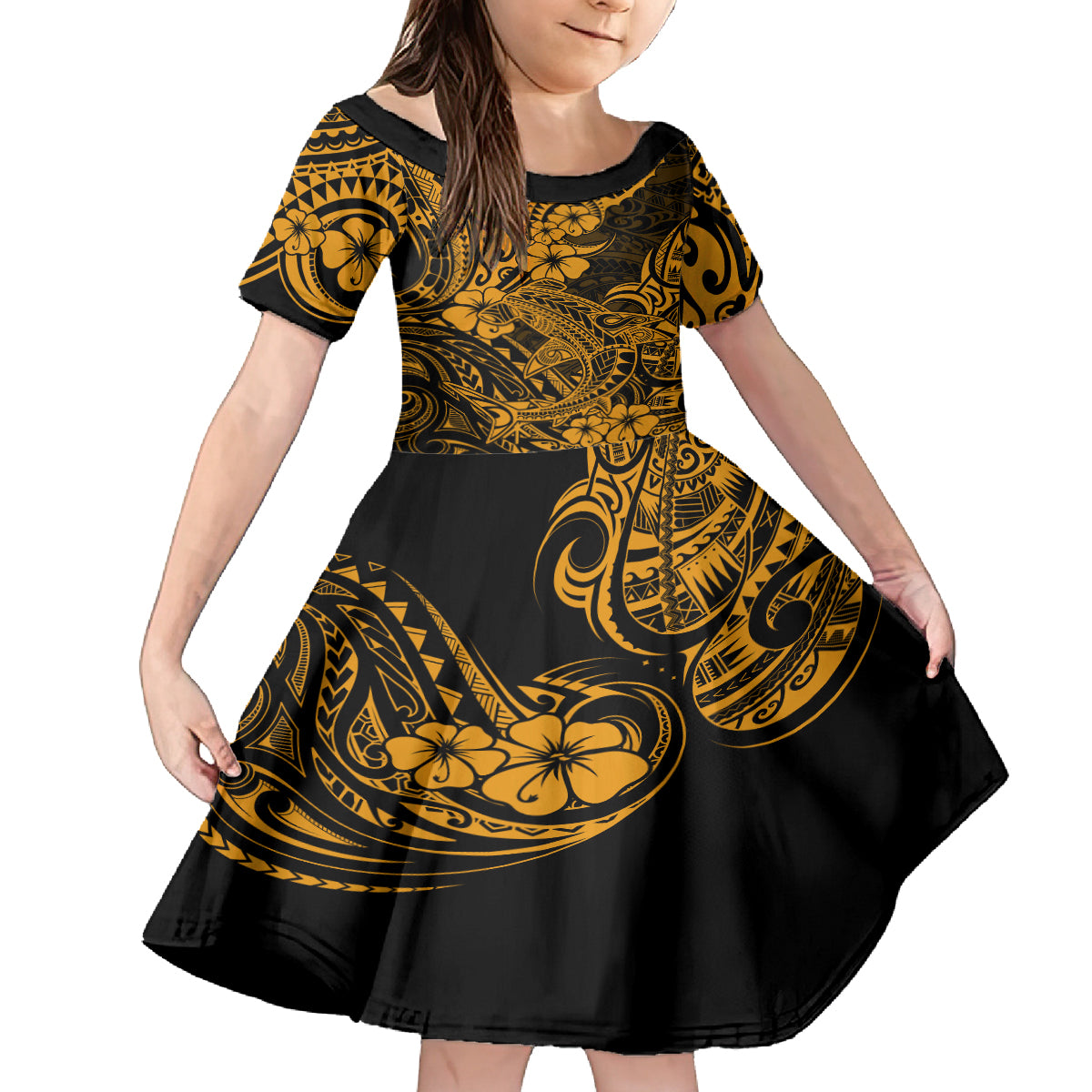Hawaii Shark Family Matching Off Shoulder Short Dress and Hawaiian Shirt Polynesian Pattern Gold Version - Wonder Print Shop