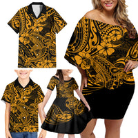 Hawaii Shark Family Matching Off Shoulder Short Dress and Hawaiian Shirt Polynesian Pattern Gold Version - Wonder Print Shop
