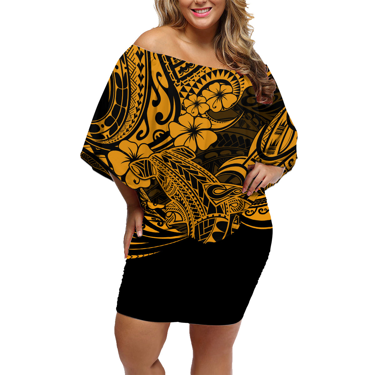 Hawaii Shark Family Matching Off Shoulder Short Dress and Hawaiian Shirt Polynesian Pattern Gold Version - Wonder Print Shop