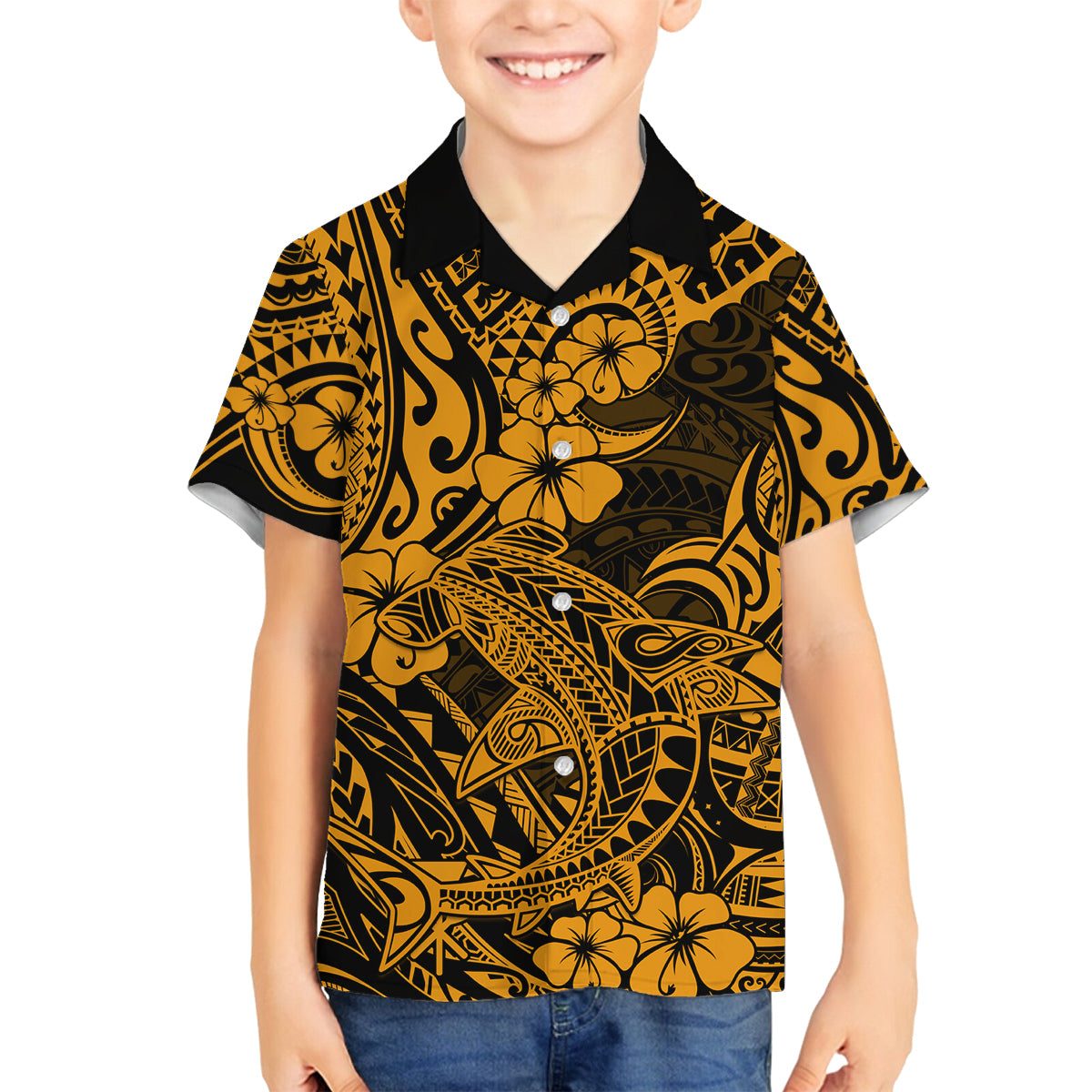 Hawaii Shark Family Matching Puletasi Dress and Hawaiian Shirt Polynesian Pattern Gold Version - Wonder Print Shop
