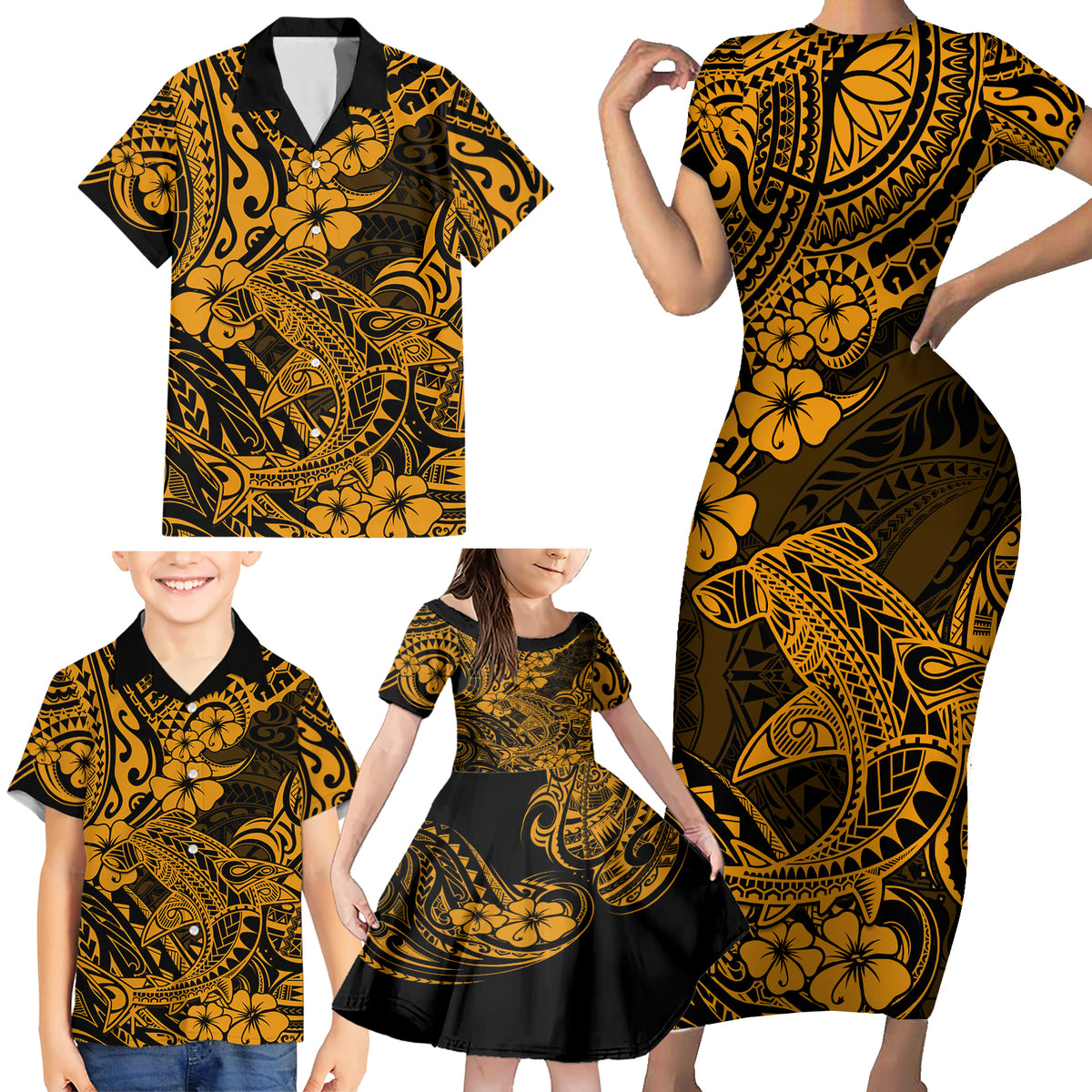 Hawaii Shark Family Matching Short Sleeve Bodycon Dress and Hawaiian Shirt Polynesian Pattern Gold Version - Wonder Print Shop
