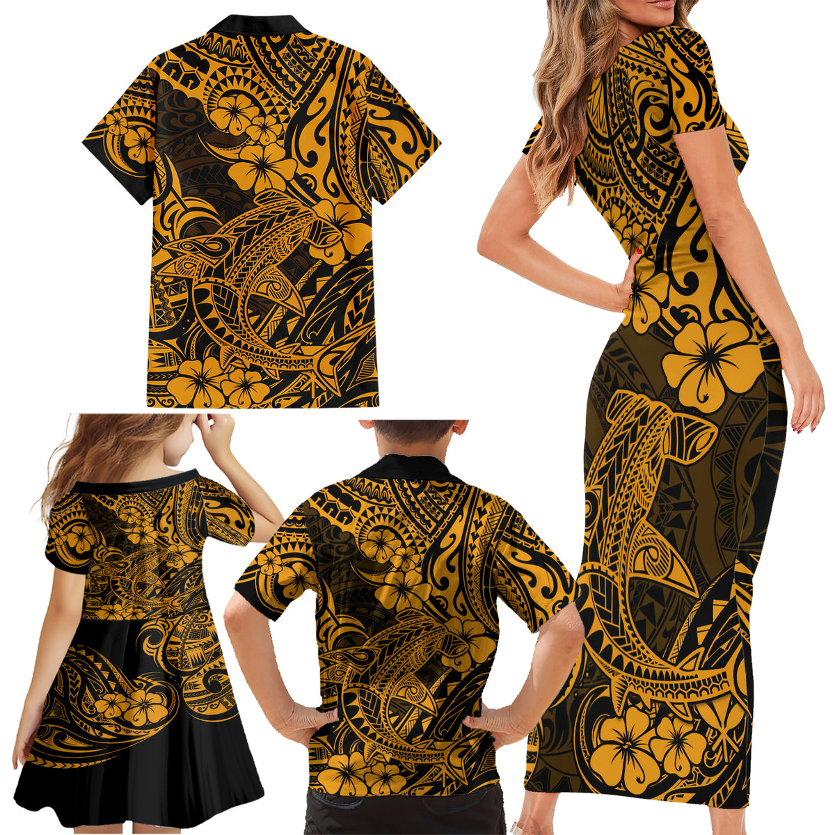 Hawaii Shark Family Matching Short Sleeve Bodycon Dress and Hawaiian Shirt Polynesian Pattern Gold Version - Wonder Print Shop