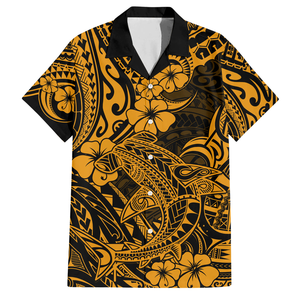 Hawaii Shark Family Matching Short Sleeve Bodycon Dress and Hawaiian Shirt Polynesian Pattern Gold Version - Wonder Print Shop
