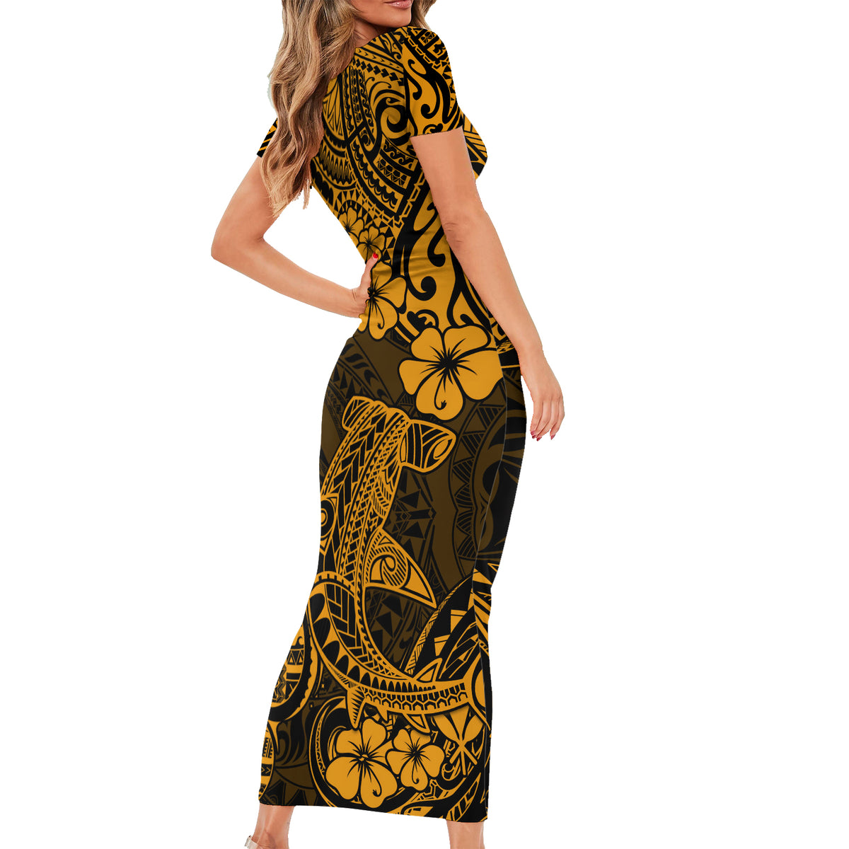 Hawaii Shark Family Matching Short Sleeve Bodycon Dress and Hawaiian Shirt Polynesian Pattern Gold Version - Wonder Print Shop