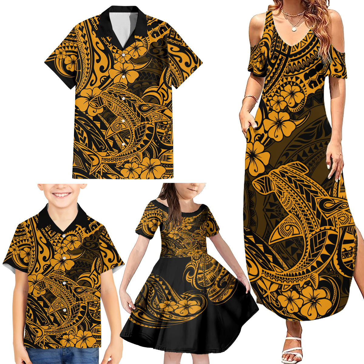 Hawaii Shark Family Matching Summer Maxi Dress and Hawaiian Shirt Polynesian Pattern Gold Version - Wonder Print Shop