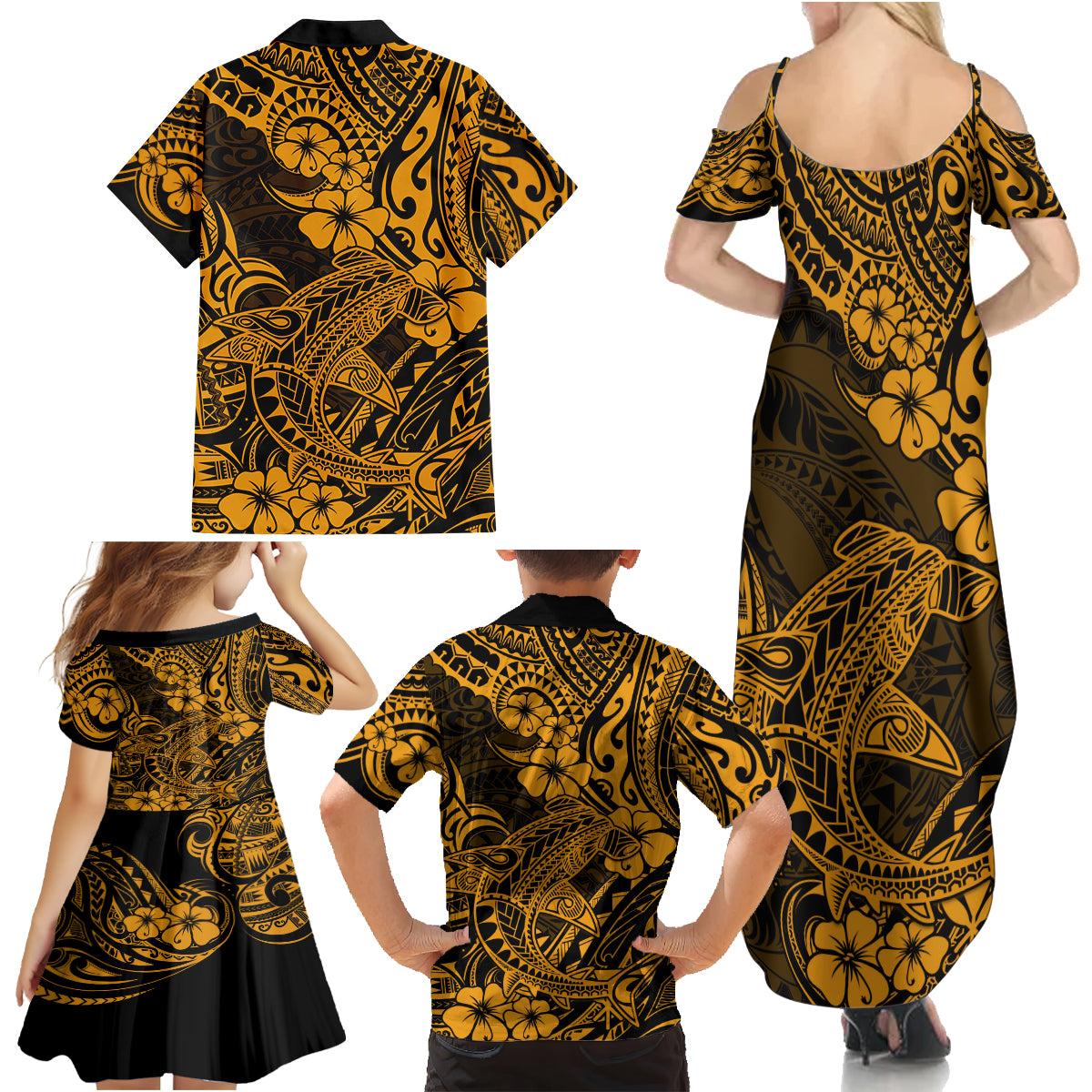 Hawaii Shark Family Matching Summer Maxi Dress and Hawaiian Shirt Polynesian Pattern Gold Version - Wonder Print Shop