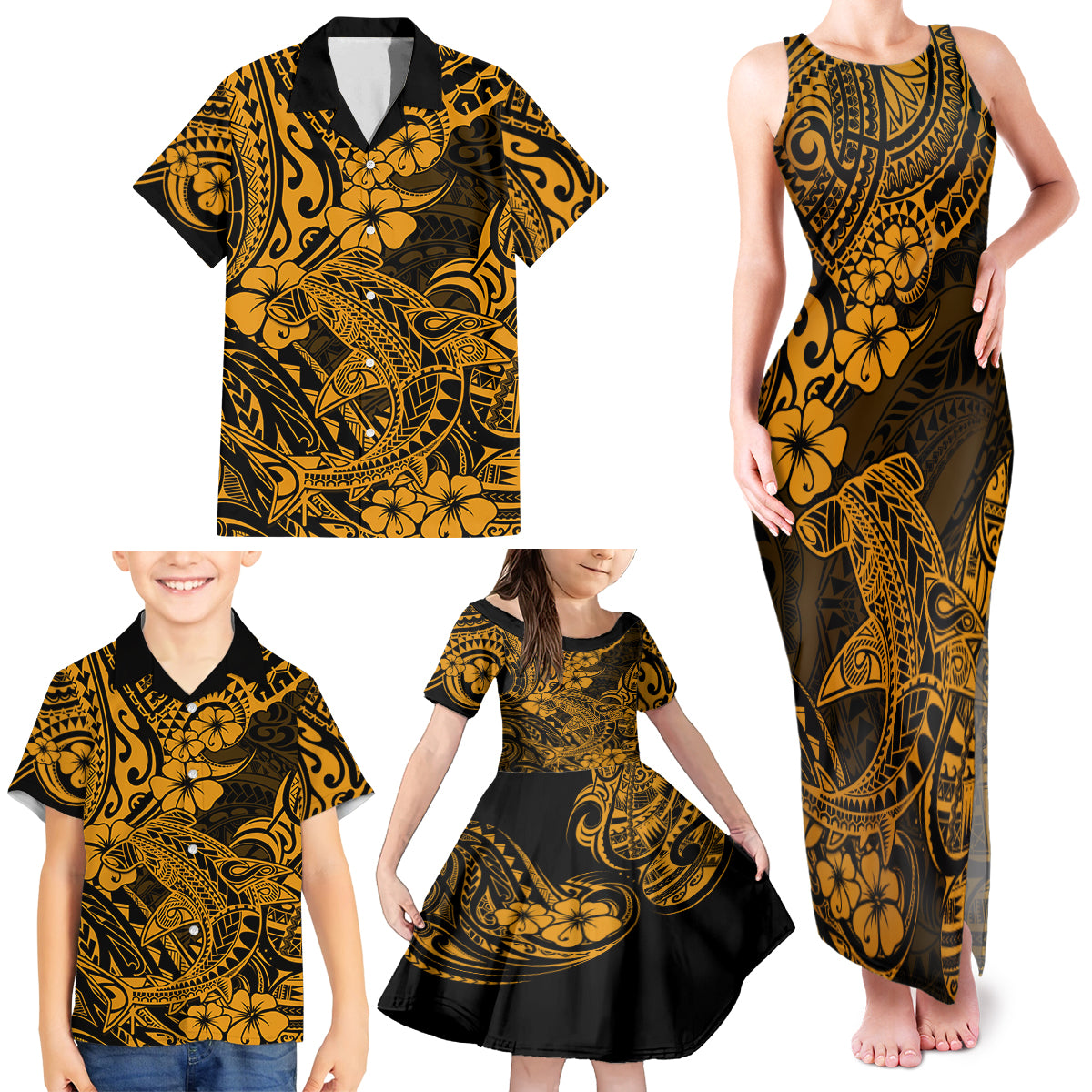 Hawaii Shark Family Matching Tank Maxi Dress and Hawaiian Shirt Polynesian Pattern Gold Version - Wonder Print Shop