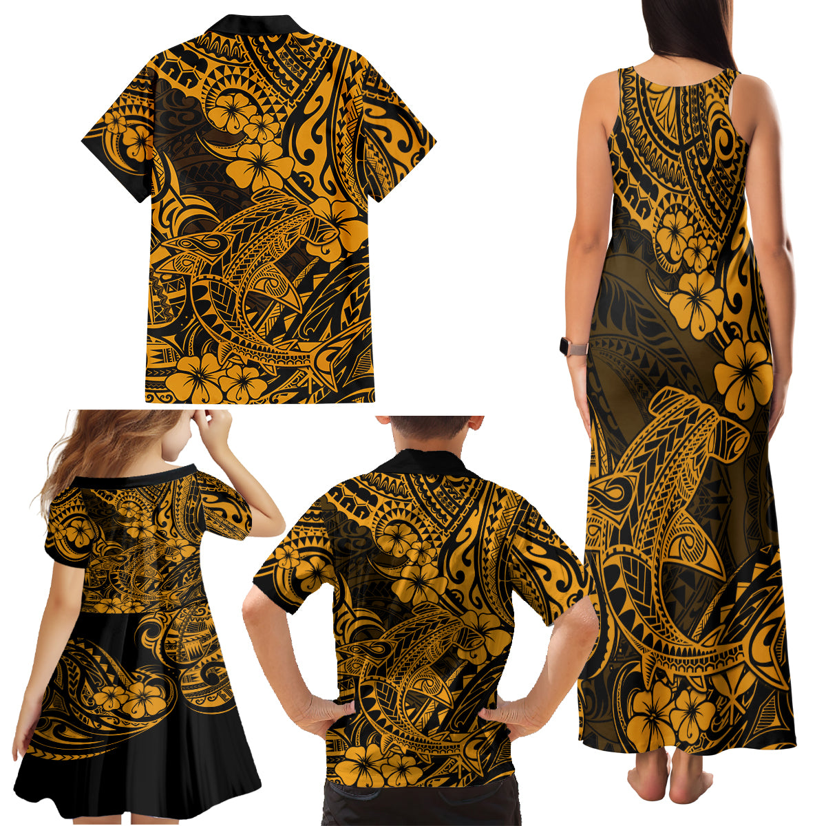 Hawaii Shark Family Matching Tank Maxi Dress and Hawaiian Shirt Polynesian Pattern Gold Version - Wonder Print Shop