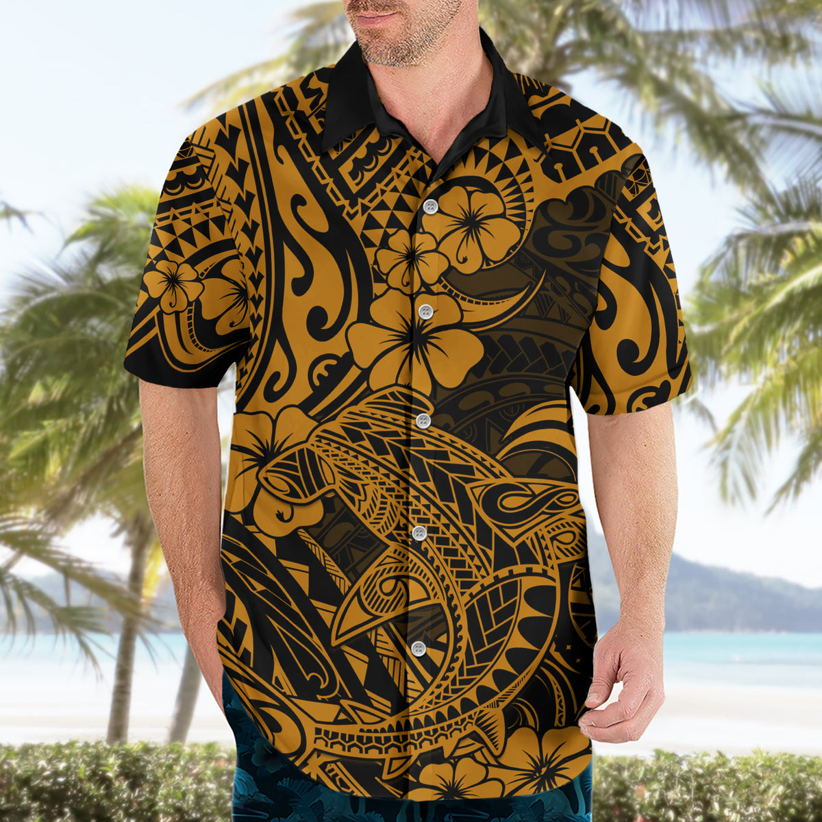 Hawaii Shark Hawaiian Shirt Polynesian Pattern Gold Version - Wonder Print Shop