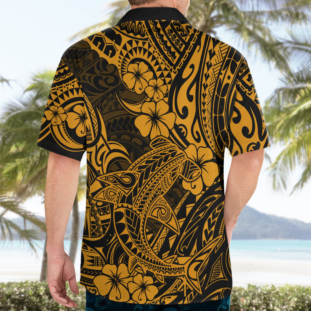 Hawaii Shark Hawaiian Shirt Polynesian Pattern Gold Version - Wonder Print Shop