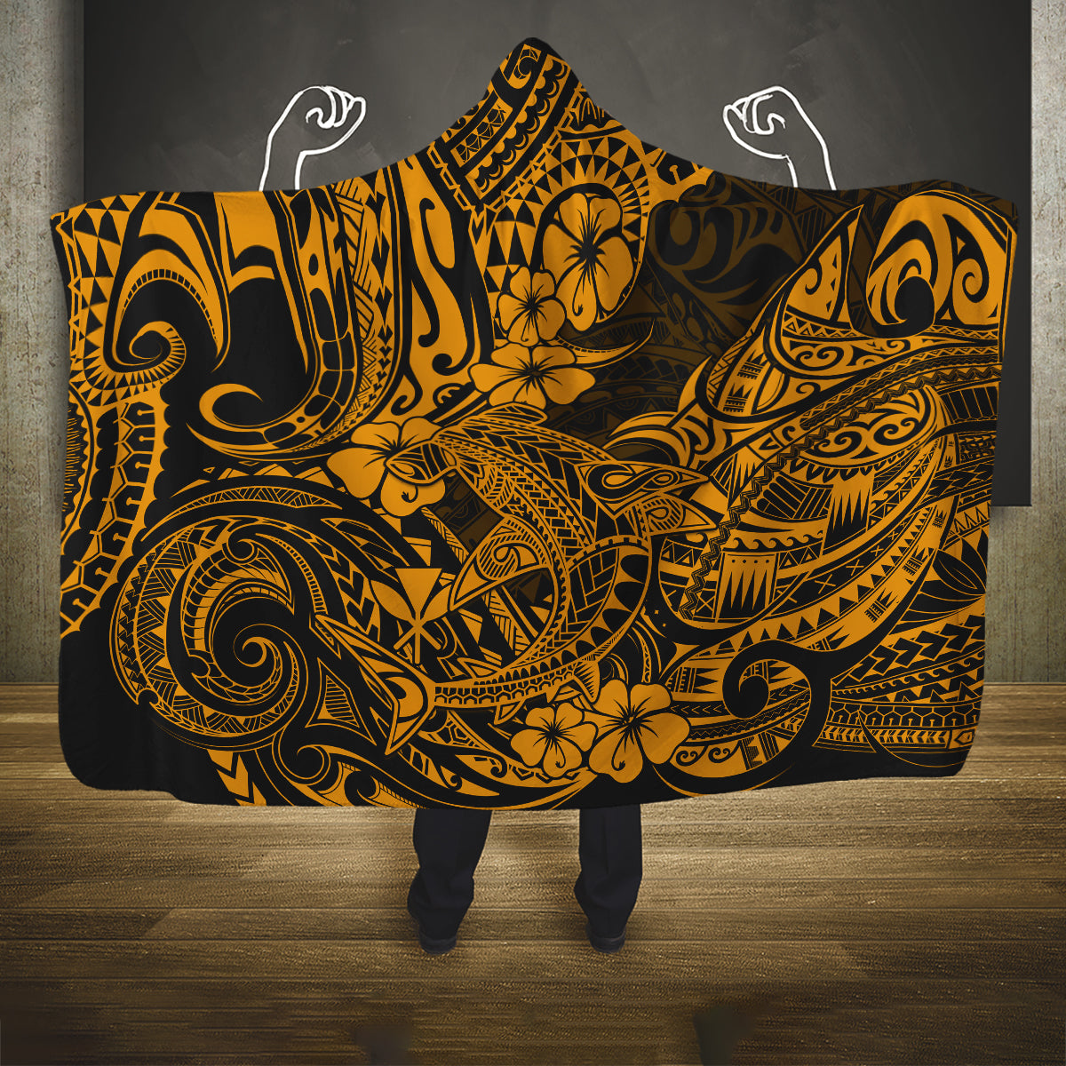 hawaii-shark-hooded-blanket-polynesian-pattern-gold-version