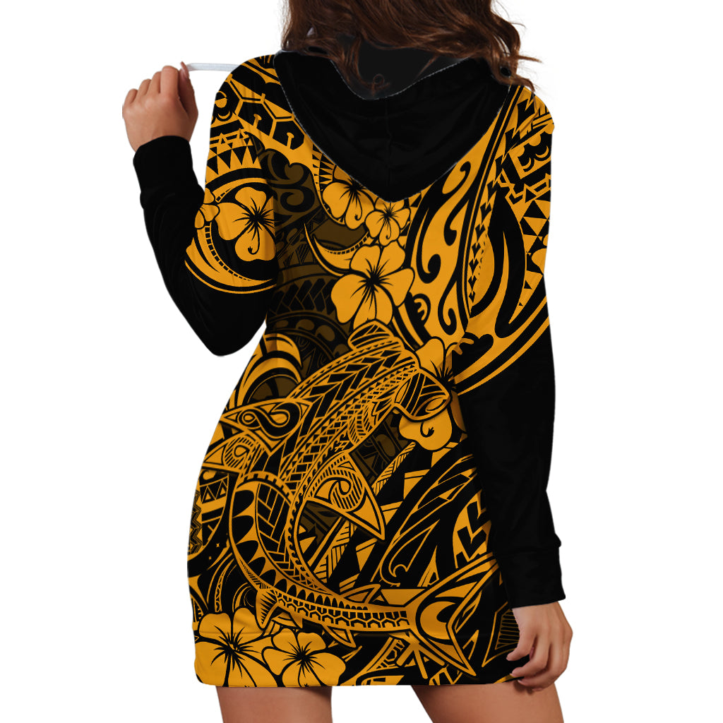 Hawaii Shark Hoodie Dress Polynesian Pattern Gold Version - Wonder Print Shop