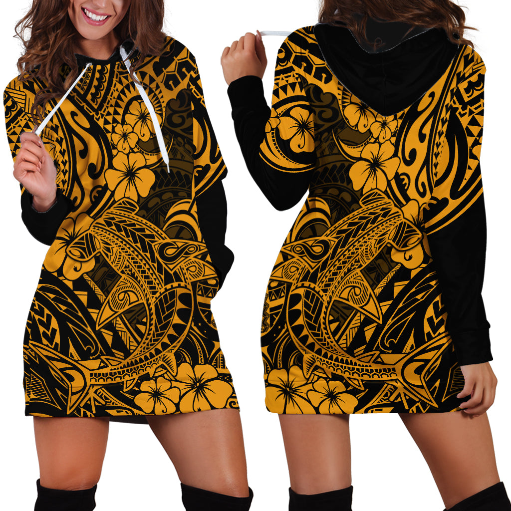 Hawaii Shark Hoodie Dress Polynesian Pattern Gold Version - Wonder Print Shop