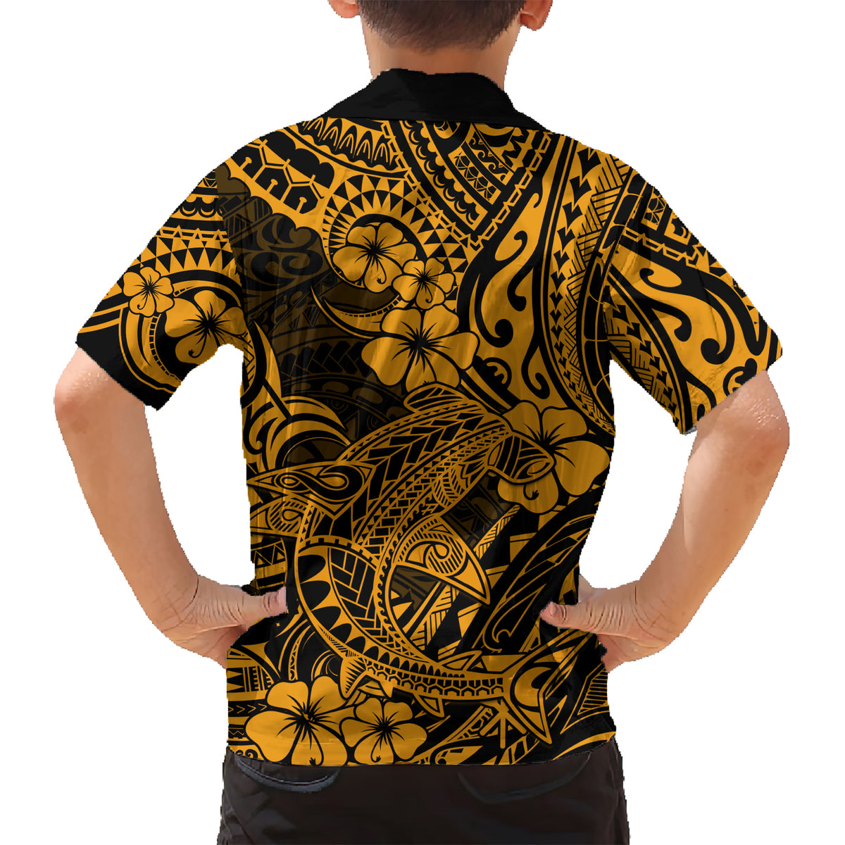 Hawaii Shark Kid Hawaiian Shirt Polynesian Pattern Gold Version - Wonder Print Shop