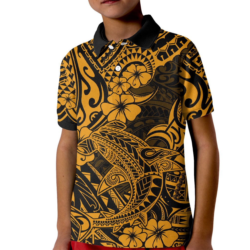 Hawaii Shark Kid Polo Shirt Polynesian Pattern Gold Version - Wonder Print Shop