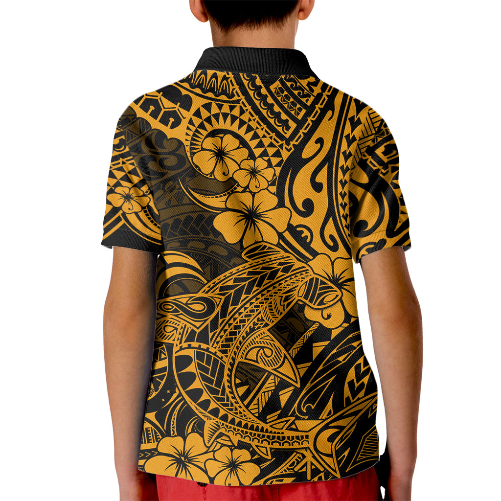 Hawaii Shark Kid Polo Shirt Polynesian Pattern Gold Version - Wonder Print Shop
