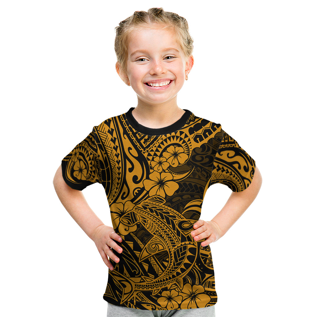 Hawaii Shark Kid T Shirt Polynesian Pattern Gold Version - Wonder Print Shop