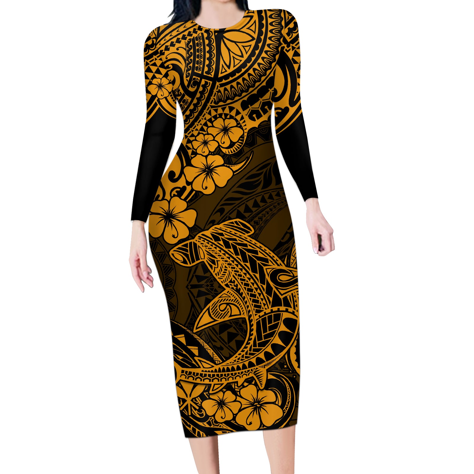 Hawaii Shark Long Sleeve Bodycon Dress Polynesian Pattern Gold Version - Wonder Print Shop