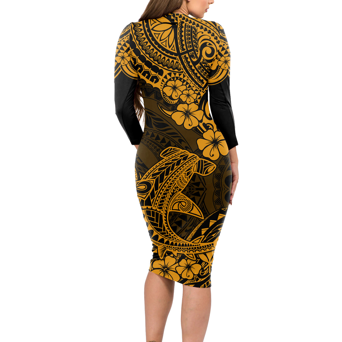 Hawaii Shark Long Sleeve Bodycon Dress Polynesian Pattern Gold Version - Wonder Print Shop