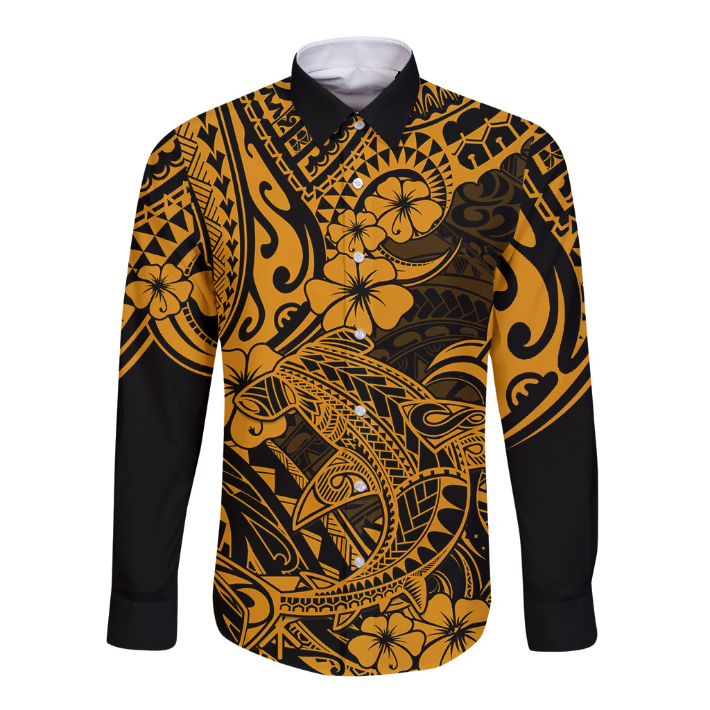 Hawaii Shark Long Sleeve Button Shirt Polynesian Pattern Gold Version - Wonder Print Shop