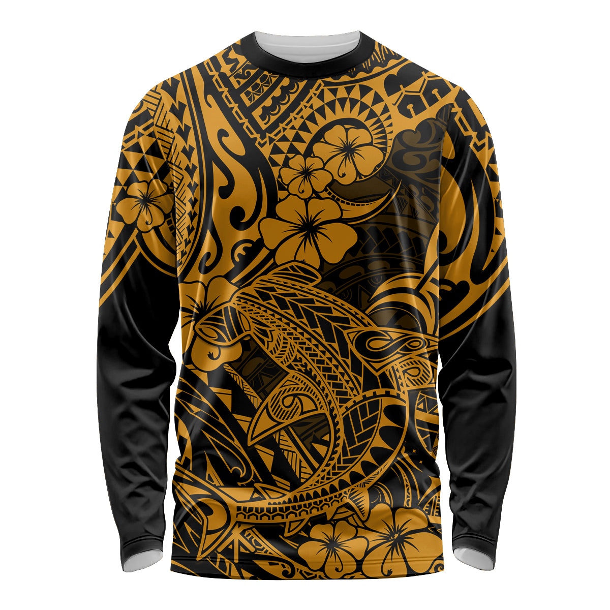 Hawaii Shark Long Sleeve Shirt Polynesian Pattern Gold Version - Wonder Print Shop