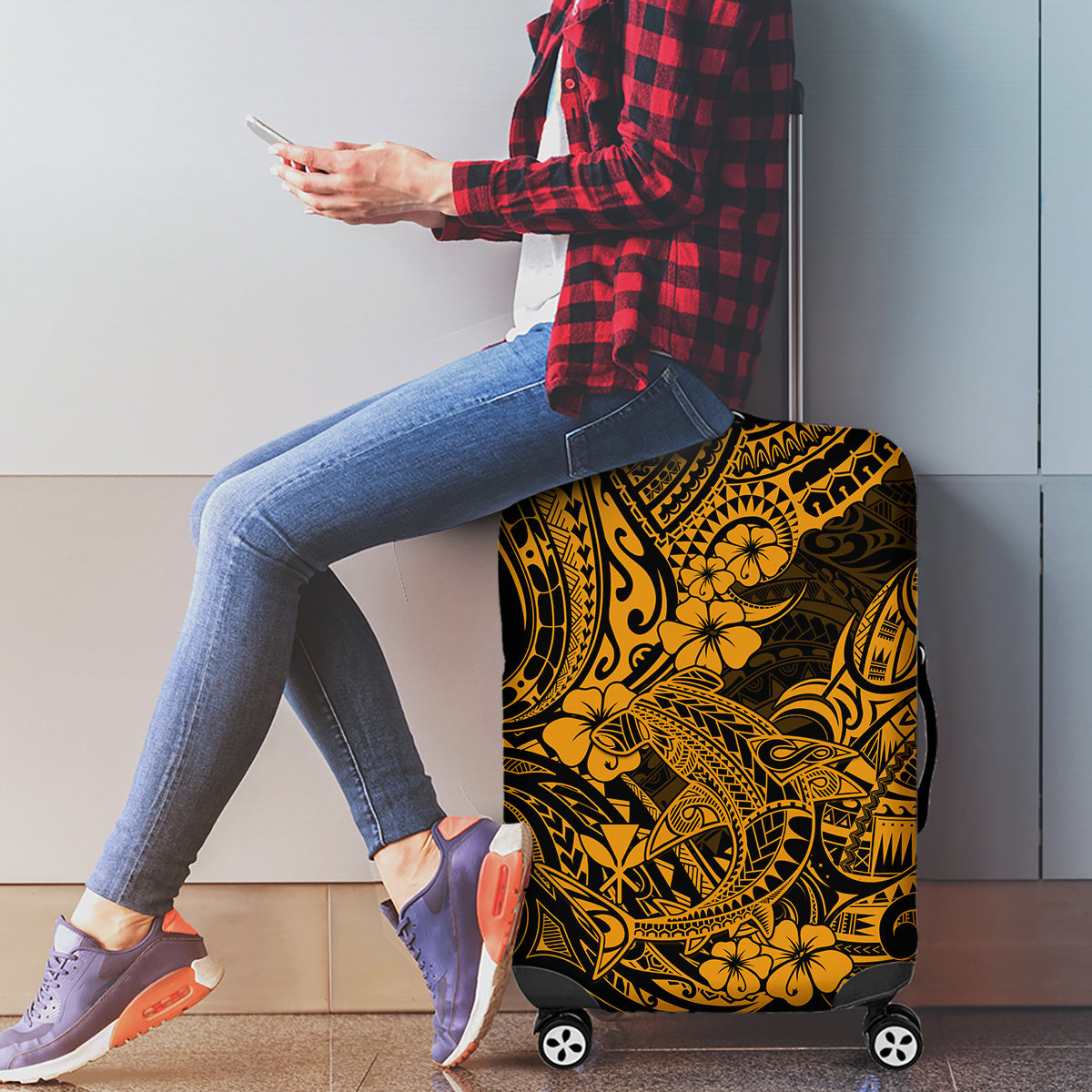 Hawaii Shark Luggage Cover Polynesian Pattern Gold Version - Wonder Print Shop