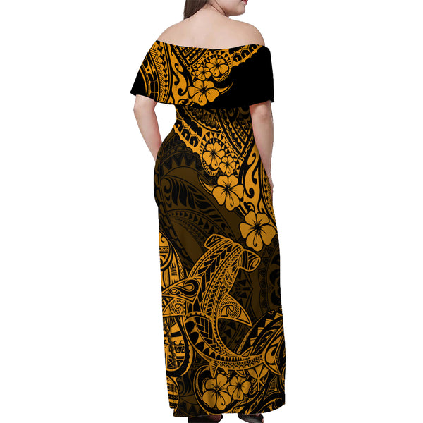 hawaiian off the shoulder dress Hawaii Shark Off Shoulder Maxi Dress Polynesian Pattern Gold Version