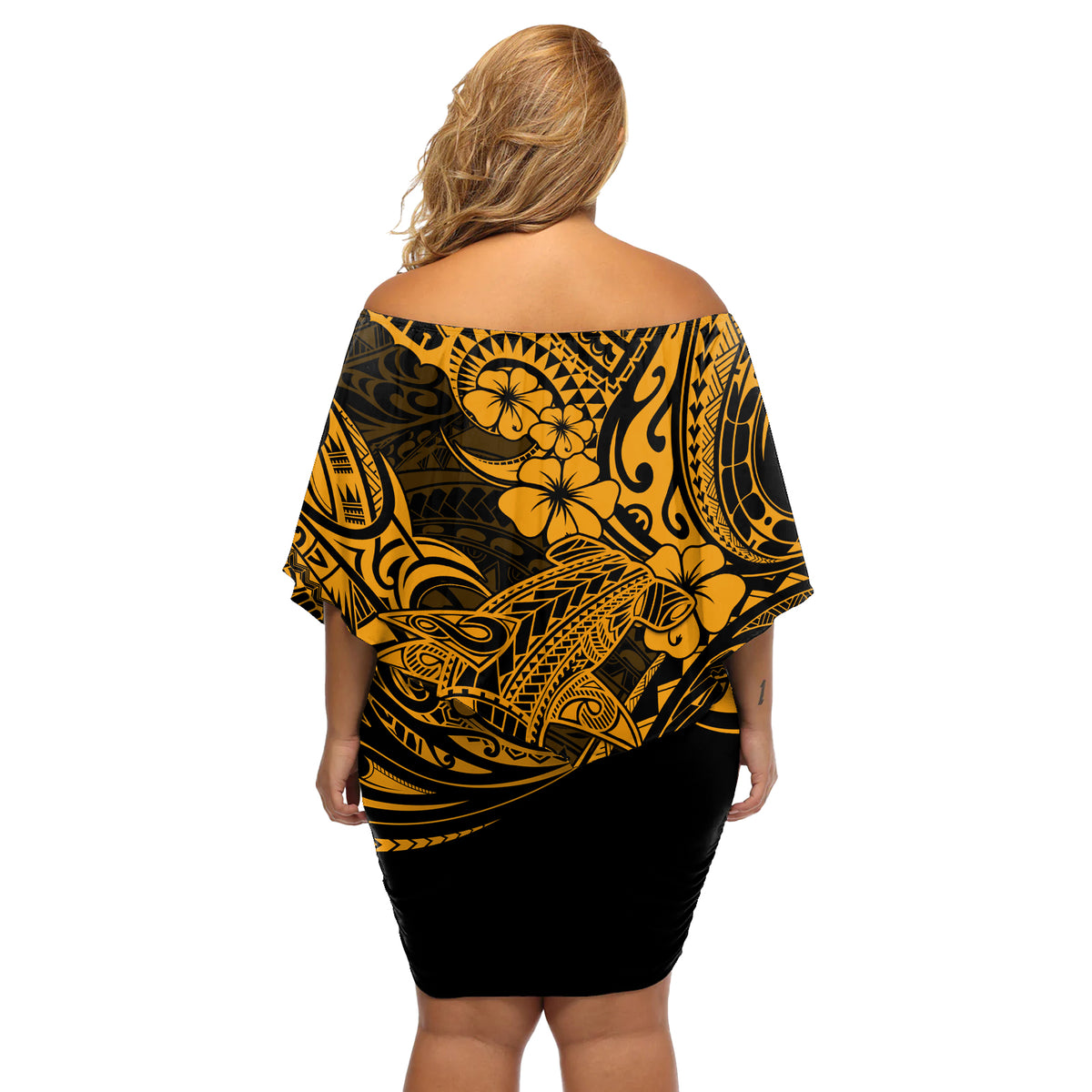 Hawaii Shark Off Shoulder Short Dress Polynesian Pattern Gold Version - Wonder Print Shop