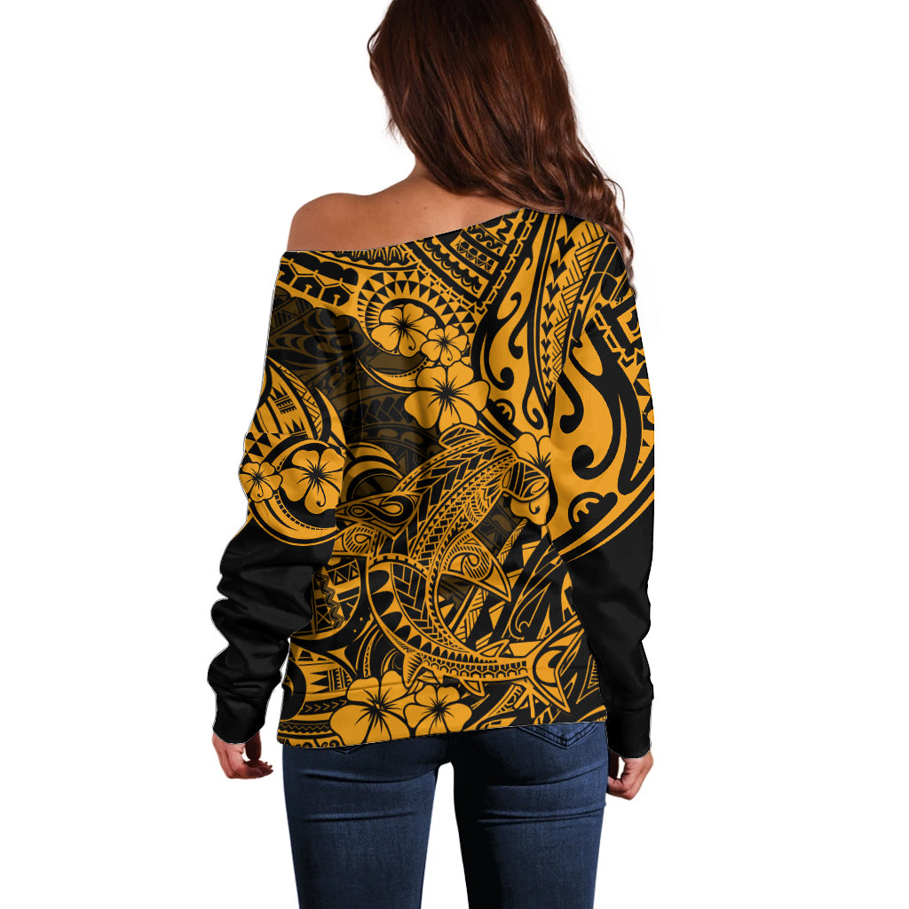 Hawaii Shark Off Shoulder Sweater Polynesian Pattern Gold Version - Wonder Print Shop