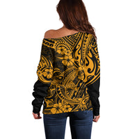 Hawaii Shark Off Shoulder Sweater Polynesian Pattern Gold Version - Wonder Print Shop