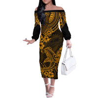 Hawaii Shark Off The Shoulder Long Sleeve Dress Polynesian Pattern Gold Version - Wonder Print Shop