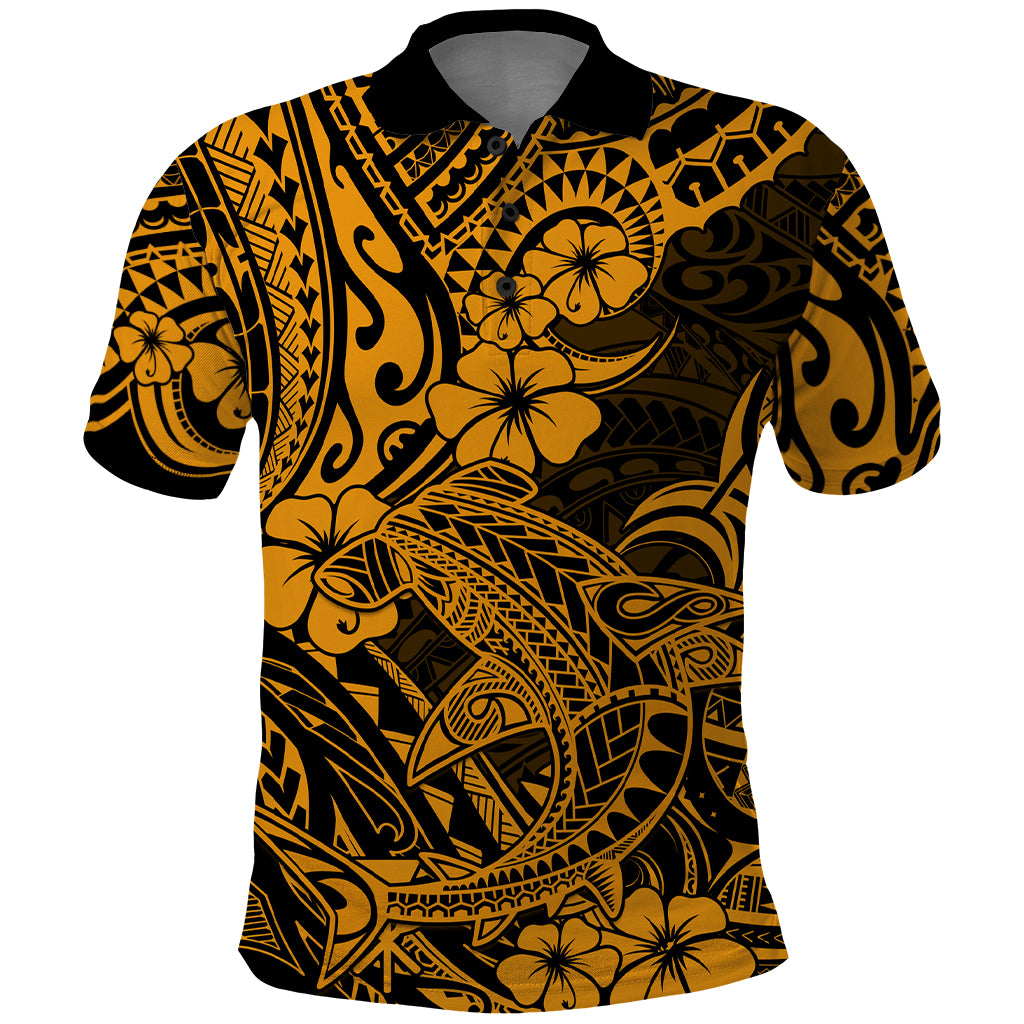 Hawaii Shark Polo Shirt Polynesian Pattern Gold Version - Wonder Print Shop