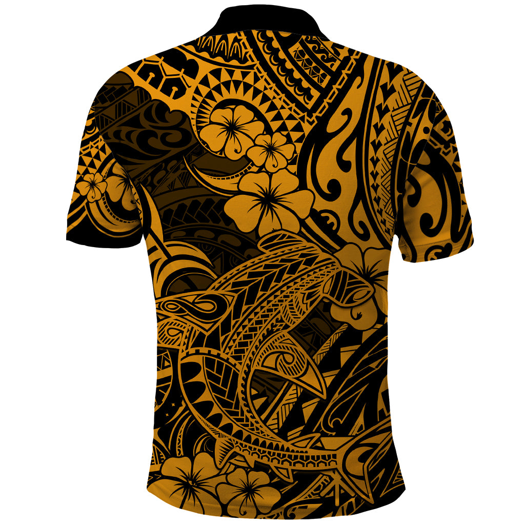 Hawaii Shark Polo Shirt Polynesian Pattern Gold Version - Wonder Print Shop