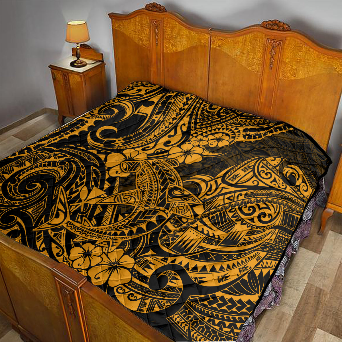 Hawaii Shark Quilt Polynesian Pattern Gold Version - Wonder Print Shop