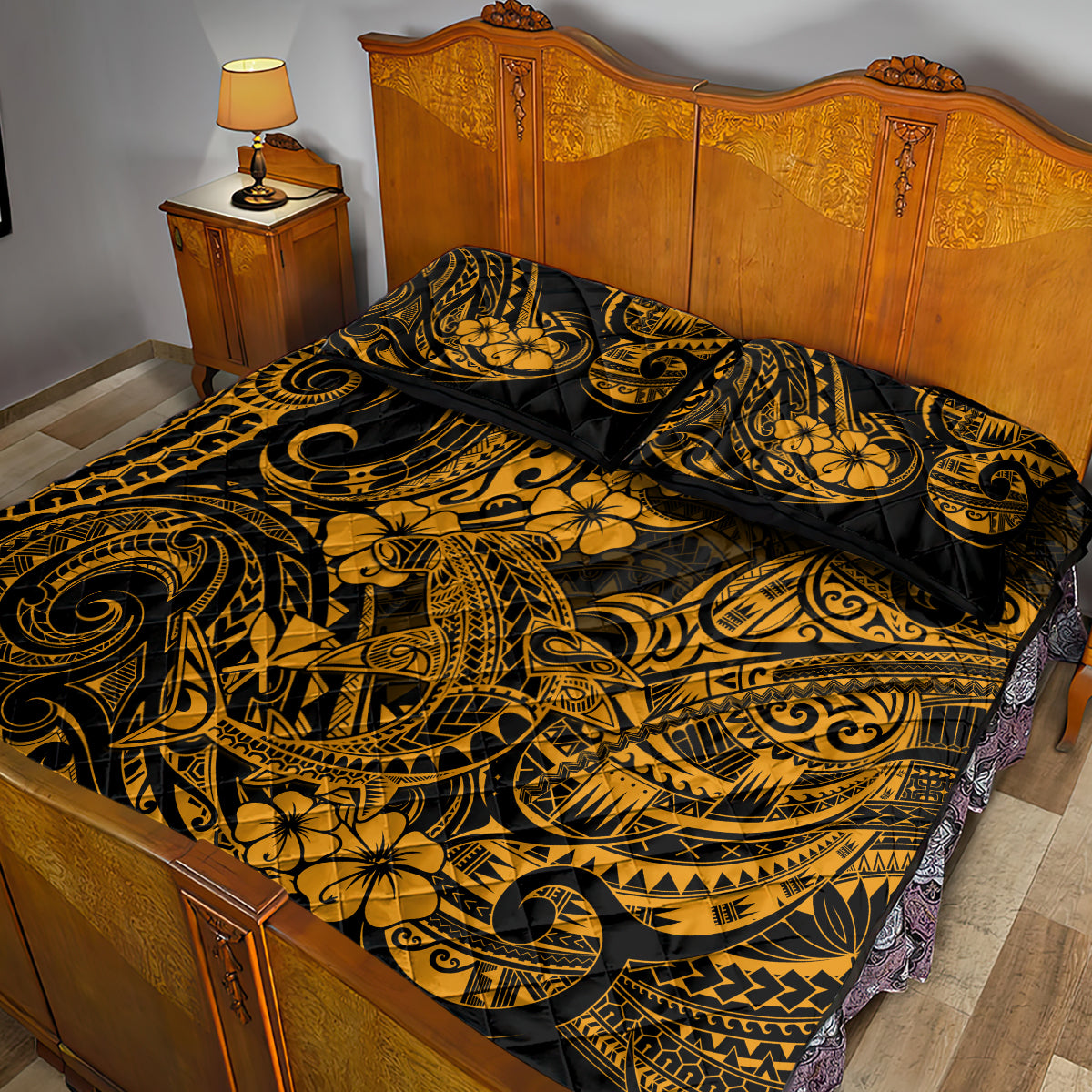 Hawaii Shark Quilt Bed Set Polynesian Pattern Gold Version - Wonder Print Shop