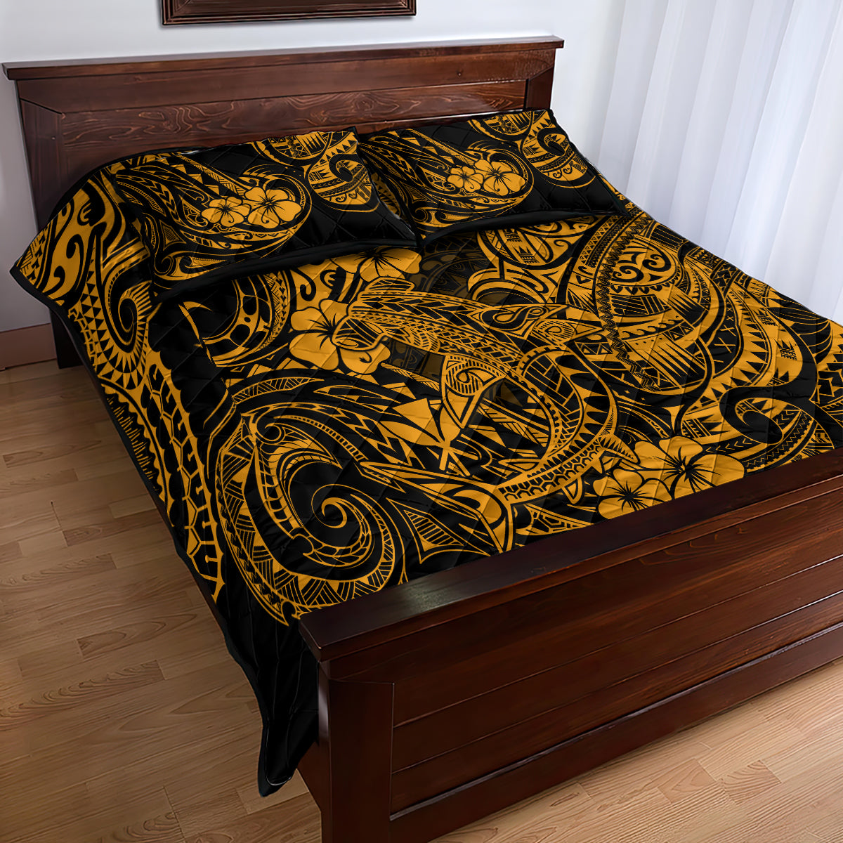 Hawaii Shark Quilt Bed Set Polynesian Pattern Gold Version - Wonder Print Shop