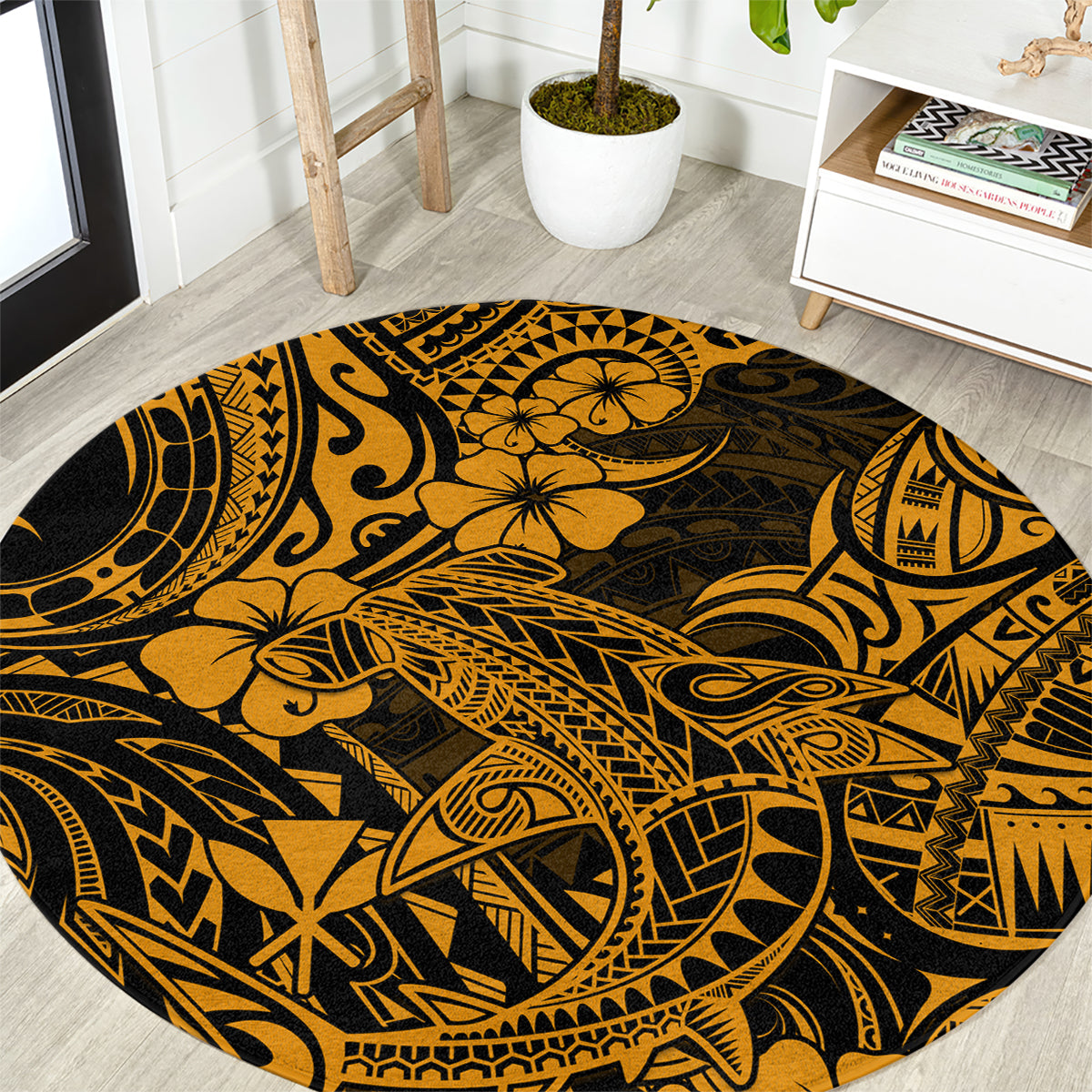 hawaii-shark-round-carpet-polynesian-pattern-gold-version
