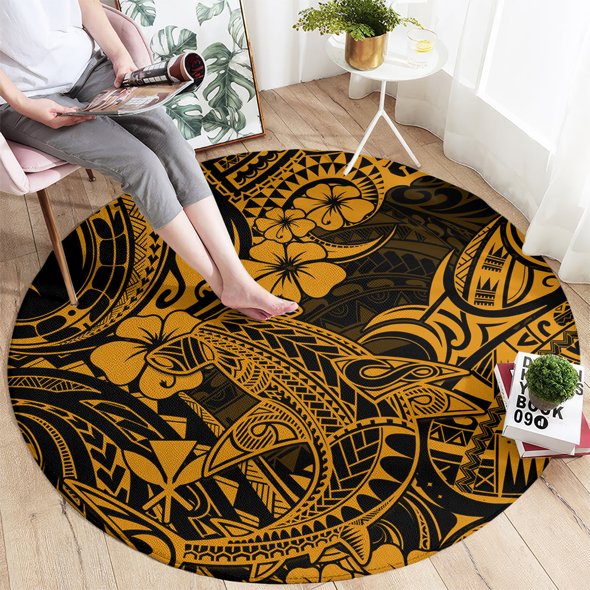 hawaii-shark-round-carpet-polynesian-pattern-gold-version
